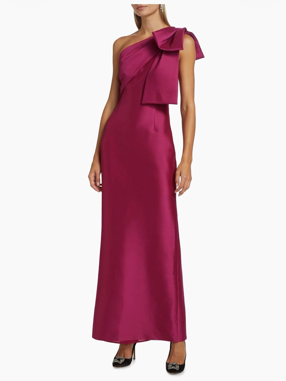 NWT Sachin + Babi One-Shoulder Bow Satin Gown in Fuchsia